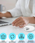 25 Pack 2 Inch Desk Grommets For Dial In Cable Management Sturdy Plastic Cord Hole Covers Keep Your Office Setup Crisp And No Sweat Easy Install Wire Organizers For PC Desks White on a clean desk with a laptop.