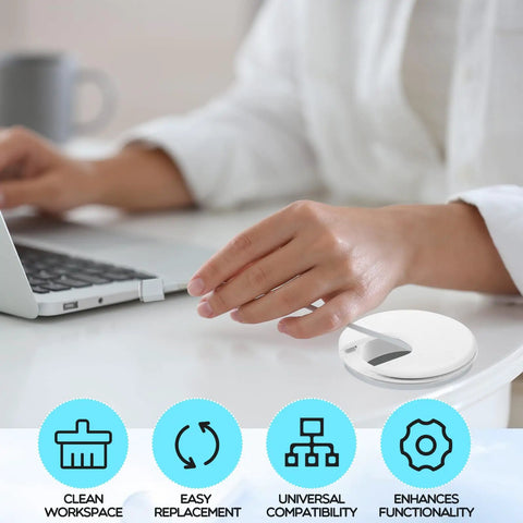 25 Pack 2 Inch Desk Grommets For Dial In Cable Management Sturdy Plastic Cord Hole Covers Keep Your Office Setup Crisp And No Sweat Easy Install Wire Organizers For PC Desks White on a clean desk with a laptop.