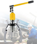 Shop Grade 10 Ton Hydraulic Gear Puller With Sturdy Transport Box For Wheel Bearing Separator And Cv Shaft Axle Rotors Goes Vertical Or Horizontal Takes The Sweat Out Of Stubborn Jams, featuring a yellow pump head and silver arms for extraction.
