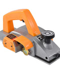Heavy Duty Electric Wood Planer Pumping Out 980 Watts At 23000 Rpm, featuring an orange grip and tough aluminum build for wood smoothing.