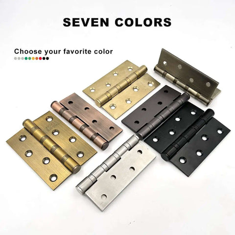 Seven colored door hinges including 6 Pack Stainless Steel Door Hinges For Exterior And Interior Doors 4x3 Inches Heavy Duty Square Corner Hinges