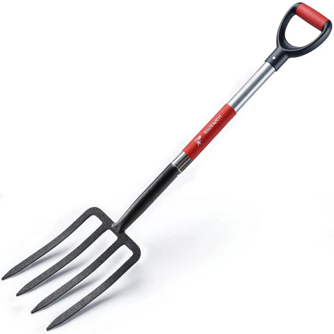 Beefy Forged Steel Spading Fork With D Grip Handle 41 Inch Premium 4 Tine Digging Fork For Hard Soil Heavy Duty Multi Purpose Gardening Tool