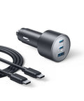 Ultra Compact 167.5W Triple Port USB-C Car Charger With 100W USB-C1, 45W USB-C2, And 22.5W USB-A Fast Charging cables included.