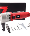 Metal Nibbler For Sheet Metal Cutting, 380W Power, tool with red casing, accessories, and case for stainless steel, aluminum, and plastic cutting