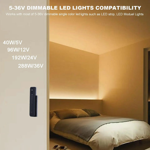 Led Dimmer Switch With Remote For 5-36V Single Color Led Tape Brightness Control Magnetic Wall Mount RF Wireless in bedroom setup