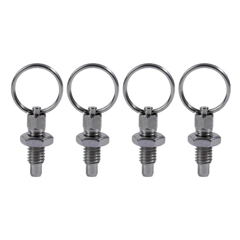 Four Pack Stainless Steel Spring Loaded Pull Plunger Lock Out Knobs With Quick Release Indexing Pins for cabinets, showing close-up view.