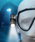 Go-To 650 Lumen Underwater Dive Light Headlamp with 360 Degree Rotating Mask Clip on a diving mask shown underwater