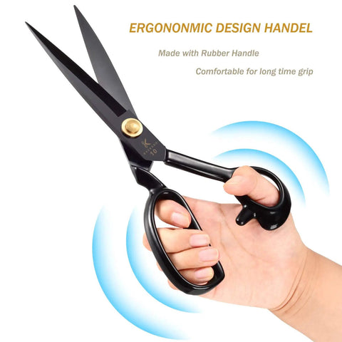 Heavy Duty Fabric Scissors 10 Inch Multi Purpose Sewing Shears for Fabric Leather Denim Canvas Cardboard and More with Sharp Stainless Steel Blades and Ergonomic Grips for Tailors and DIY Makers, shown in hand