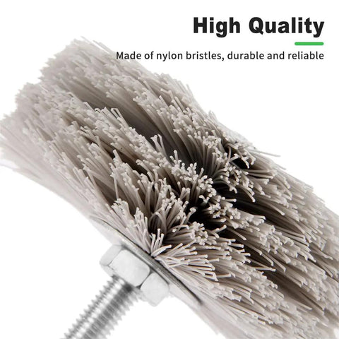 Close-up of 3 Pack Nylon Abrasive Wheel Brush Filament Set With 320 400 600 Grit for rust removal and paint prep, side view