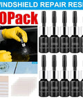 Windshield Repair Kit 10 Pack With Nano Glass Repair Fluid For Chips And Cracks Quick Fix Works On Laminated Glass Car Windows DIY Window Repair Tool Black with resin bottles and application tools.