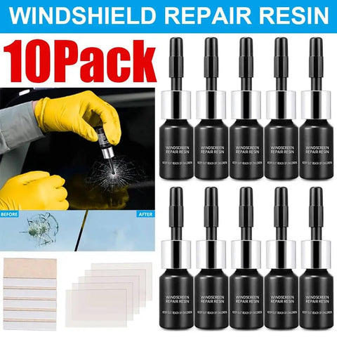 Windshield Repair Kit 10 Pack With Nano Glass Repair Fluid For Chips And Cracks Quick Fix Works On Laminated Glass Car Windows DIY Window Repair Tool Black with resin bottles and application tools.