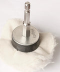 Close-up of a cotton polishing pad with metal hex shaft from Eight Pack Polishing Wheels For Drill Buffing Wheel Kit.