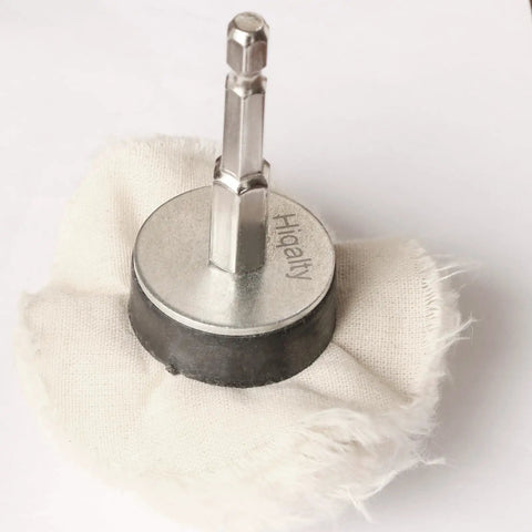 Close-up of a cotton polishing pad with metal hex shaft from Eight Pack Polishing Wheels For Drill Buffing Wheel Kit.