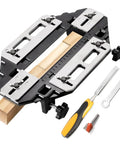 Pro Grade Aluminum Door Hinge Jig For Quick Install And Precise Fit, shown with woodworking tools and accessories.