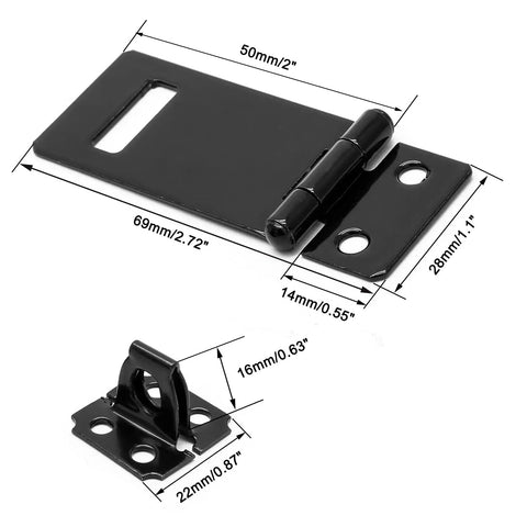 Heavy Duty 2 Inch Padlock Hasps 4 Pack Black Iron Door Slide Latch Lock Set Rust Proof Steel Security Bolts For Gates And Sheds built like a tank, dimensions visible