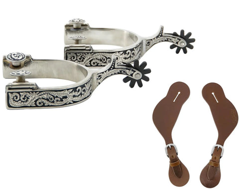 Rodeo Ready Western Spurs With Leather Spur Straps Engraved German Silver Trims And Rowels All In One Set For Men And Women Adjustable Fit