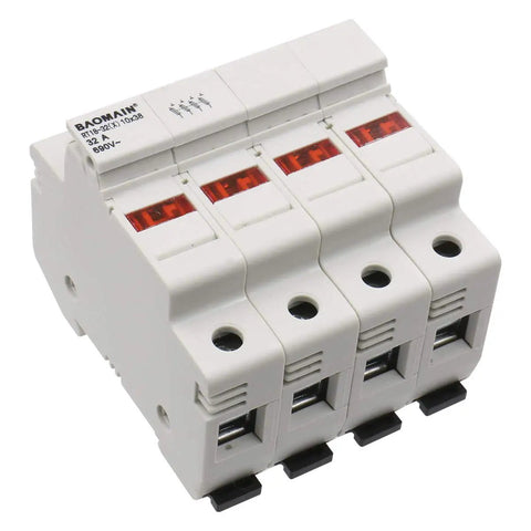 Heavy Duty 4 Pole DIN Rail Fuse Holder for 10x38mm Fuses, 32A 690VAC, RT18-32 Compatible, with LED Indicator