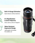 Blueline 8x22 Waterproof Golf Scope Monocular With Built In Internal Distance Reticle, ergonomic design, text highlights features.
