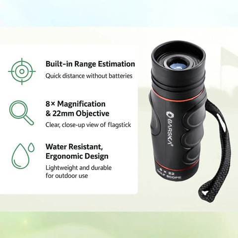 Blueline 8x22 Waterproof Golf Scope Monocular With Built In Internal Distance Reticle, ergonomic design, text highlights features.