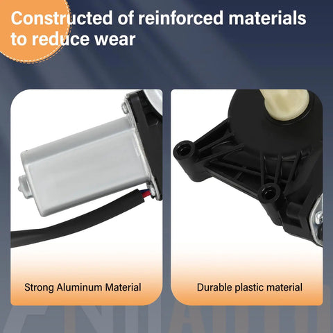 Close-up of power window regulator lift motor showing reinforced aluminum and plastic materials
