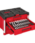 242 Piece Ratchet Socket Set With Four Drawer Rolling Tool Chest showing red chest and chrome sockets for mechanics.