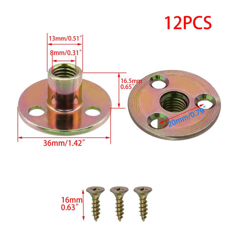 Built Tight 1/4 Inch Round Base T Nuts With Screws Heavy Duty Steel Brad Hole Hardware For Wood Furniture And DIY Work No Sweat Install Knockout Quality Real Deal 12 Piece Kit showing base and screws dimensions.