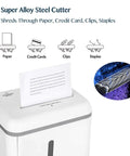 Super Micro Cut P5 Paper Shredder Crushes Eight Sheet Stacks Plastic Cards And Metal Staples As A No Fuss Daily Driver Delivering High Security While Running Quiet Just 54 Decibels For Your Home Office Setup In White, showing super alloy steel cutter shreds paper, credit cards, clips, and staples.