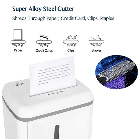 Super Micro Cut P5 Paper Shredder Crushes Eight Sheet Stacks Plastic Cards And Metal Staples As A No Fuss Daily Driver Delivering High Security While Running Quiet Just 54 Decibels For Your Home Office Setup In White, showing super alloy steel cutter shreds paper, credit cards, clips, and staples.