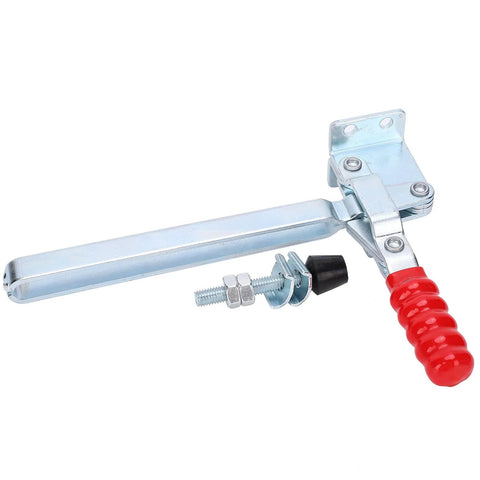 Toggle Clamp Latch For Heavy Duty Workholding, metal fixture with lengthened arm and red handle for industrial applications.