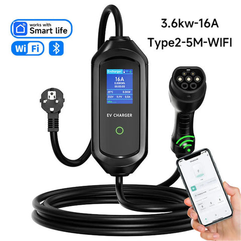 Level 2 EV Charger With 16 Amp 110 240V Capability, WiFi Enabled Smart Fast Charging, 16 Foot Cable, J1772 Connector And Compatible With Tesla And All PHEVs, NEMA 6 20 Plug, Portable Home EV Charging Station