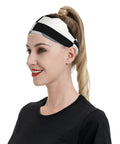 Fresh Black And White Piano Grid Print Sweatband Headband With Dope Stretchy Polyester Fabric For All Day Workout Comfort And Gym Vibes Plus Reliable Grip That Keeps Hair Back During Intense Training Sessions, worn by a woman with hair in a ponytail.