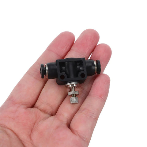 Inline Throttle Valve With Precise Flow Control And Space Saving Design For Air Cylinders And PU Tubes Three Pack Pneumatic Push To Connect Fittings PVC Plastic Ideal For Home Hobby And Industrial Air Systems, black PVC valve in hand