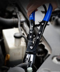 SMOTIVEPRO 3pc ratcheting hose pinch-off pliers set with blue handles, 8in, 10in and 12in, installed on radiator hose.