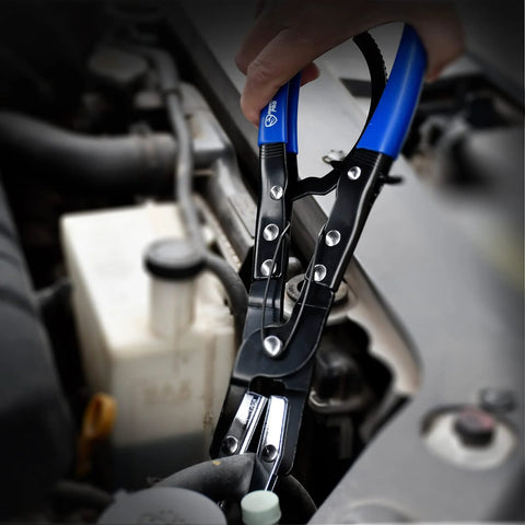 SMOTIVEPRO 3pc ratcheting hose pinch-off pliers set with blue handles, 8in, 10in and 12in, installed on radiator hose.