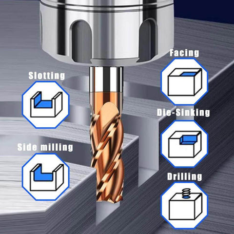 Front view of Maclix 1/4-inch carbide end mill bit, 2-1/2-inch overall length, 4-flute copper-colored cutting head.