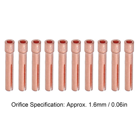 1.6mm Orifice Collet Copper Set With 20 Tungsten Electrodes For QQ150 Welding Torch Accessories Premium Copper Build High Precision Durable Pro Grade Kit For Welders, showing ten copper collets in a row at 1.6mm size.