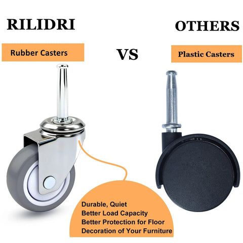 Comparison of rubber and plastic caster wheels; rubber casters shown with metal bracket, plastic casters shown with silver stem.
