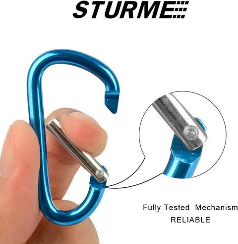 Close-up of 2 Inch Aluminum D Ring Carabiner Clip with Spring Loaded Gate in blue, showing detailed mechanism, for outdoor camping.