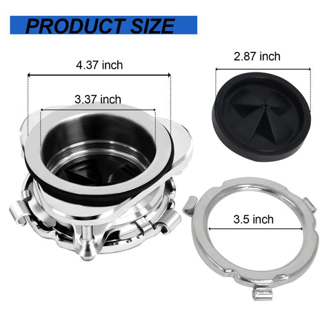 Heavy Duty Ridiculously Tough 3 Bolt Kitchen Sink Flange Kit With Stainless Steel Build dimensions 4.37 inches, 3.37 inches, and 3.5 inches.