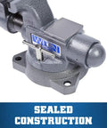 Beefy Pro Grade Bench Vise 4-1/2 Inch Jaw, 3-1/2 Inch Opening, 3-1/4 Inch Throat, 60,000 PSI Ductile Iron Body With Enclosed Lubrication, Heavy-Duty Anvil For Rugged Metalworking And Smooth, Long Lasting Operation. Sealed construction view