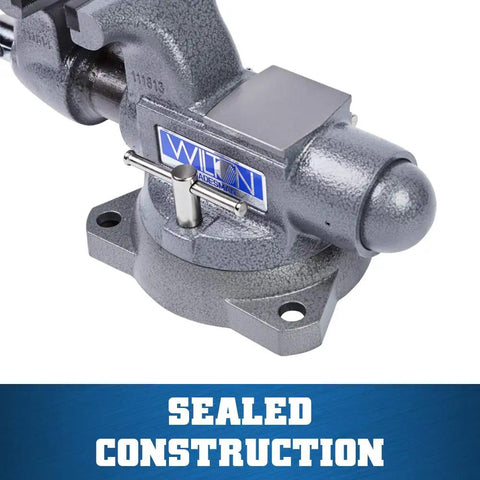 Beefy Pro Grade Bench Vise 4-1/2 Inch Jaw, 3-1/2 Inch Opening, 3-1/4 Inch Throat, 60,000 PSI Ductile Iron Body With Enclosed Lubrication, Heavy-Duty Anvil For Rugged Metalworking And Smooth, Long Lasting Operation. Sealed construction view
