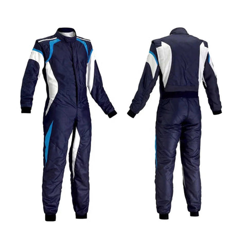 Lightweight Breathable Go Kart Racing Suit For Adults With Top Notch Custom Digital Printing Team Colors Sponsor Logos And Personal Branding Made For Men And Women Size Large 54 For Pro Level Motorsport Driving in blue and white front and back view
