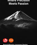 Black and white mountain image with 'Where Precision Meets Passion' text and award icons for Japanese design.