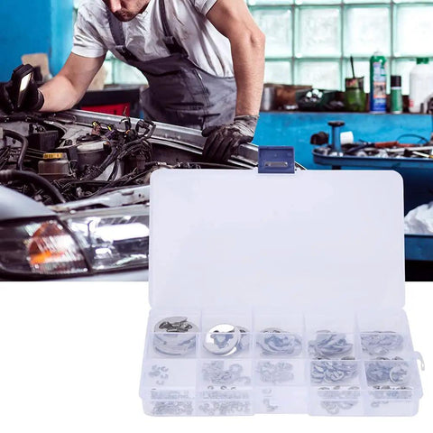 Top Picks 304 Stainless Steel Retaining Rings Set With Durable E-Type Fasteners For Home And Projects, Sizes From One Point Two To Fifteen Millimeters Heavy Duty Hardware Kit in storage box.