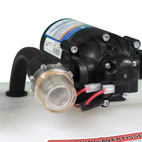 Close-up of 12V Everflo diaphragm pump on 40 Gallon Deluxe UTV Spot Sprayer With 2.2 GPM 70 PSI Max for Quick On The Go Spot Sprays