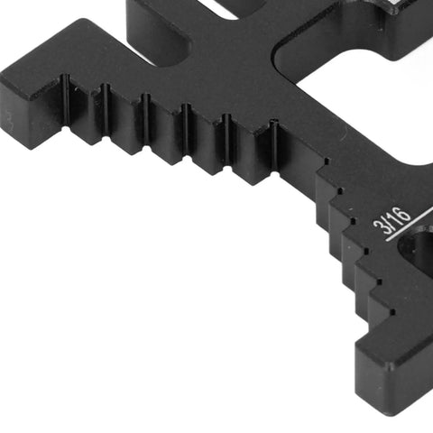 Close-up of Hella Precise CNC Machined Aluminum Alloy Dovetail Jig Caliper for Woodworking, featuring ruler scales and textured surface.