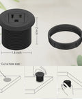 2 Inch Flush Mount Desk Power Grommet With Built In US Outlet And 3.28 Ft Heavy Duty Cord, showing installation guide and socket dimensions.
