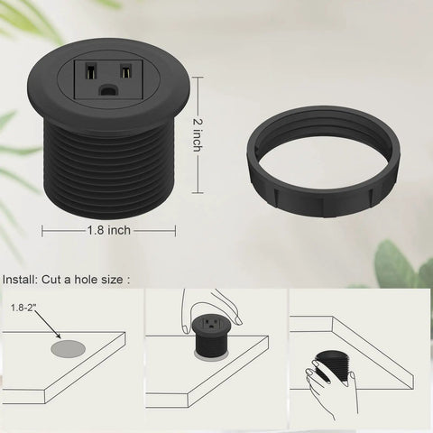 2 Inch Flush Mount Desk Power Grommet With Built In US Outlet And 3.28 Ft Heavy Duty Cord, showing installation guide and socket dimensions.