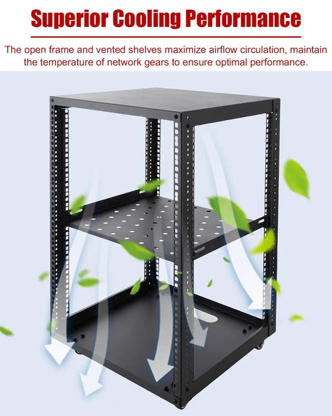 Heavy Duty Open Frame Server Rack With Smooth Rollin Wheels And No Sweat Cooling Shelves For 20U IT AV Gear and vented shelves for cooling performance.