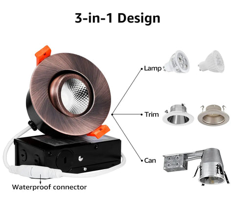 E Star Series 3 Inch Gimbal LED Recessed Light With Junction Box No Brainer Install 7W 50W Equivalent Dimmable Airtight CRI 90